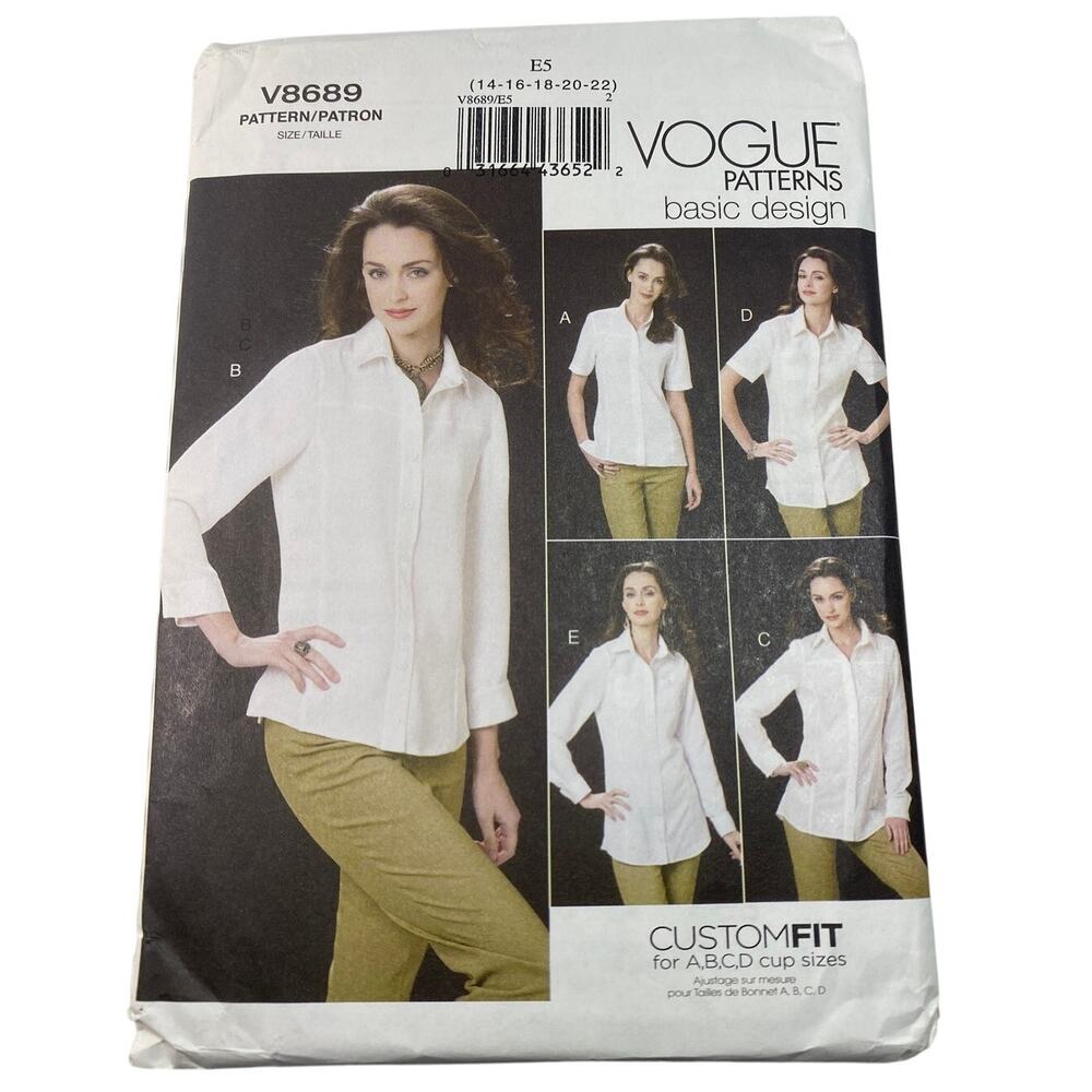 Vogue V8689 Misses Shirt Pattern Size 14-22 Custom Fit OOP FF UC Princess Seam